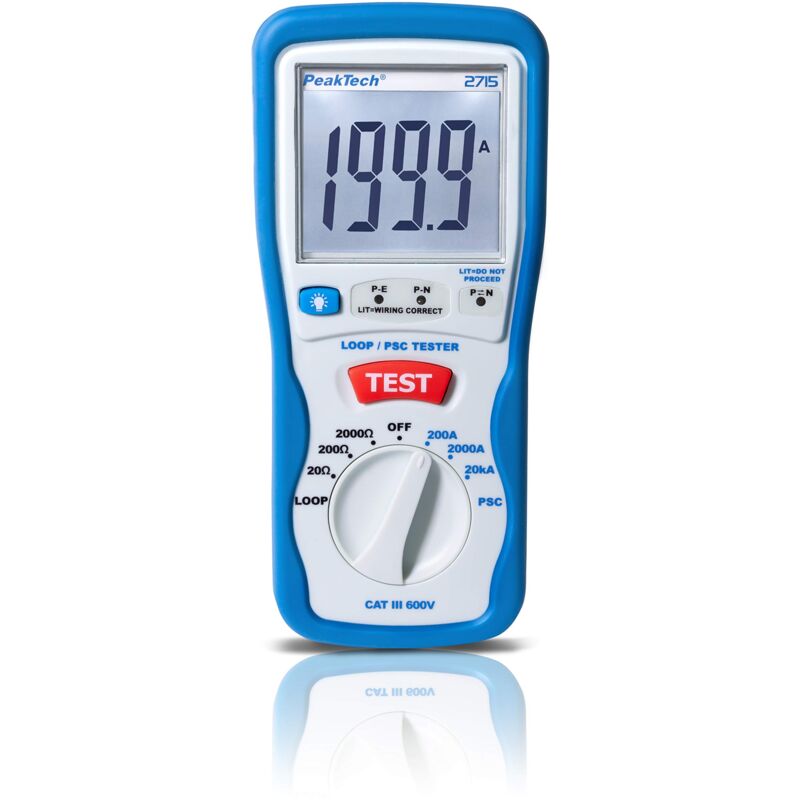 foto del prodotto peaktech p 2715 tester digitale psc con display lcd con misurazione dell impedenza, corrente di cortocircuito, fusibile di circuito con custodia