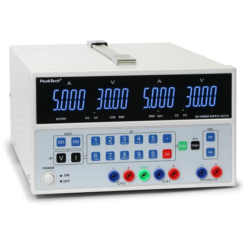 foto del prodotto peaktech p 6075 alimentatore da laboratorio dc con 2 uscite, alimentatore doppio 0 30v 0 5a, regolabile, protezione da corto circuito,