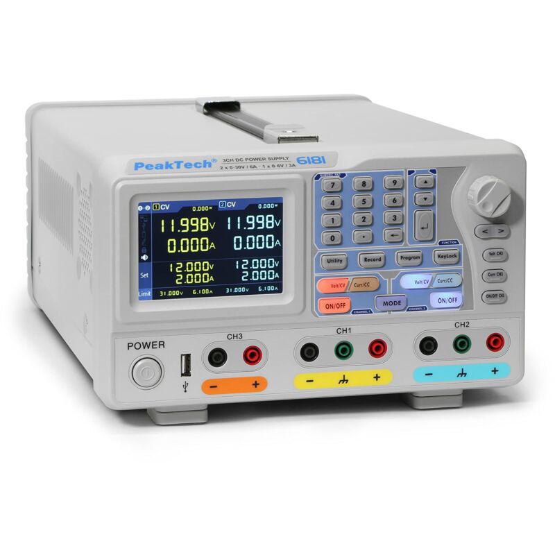 foto del prodotto peaktech p 6181 alimentatore da banco a 2 canali, 0 30 v, 0 6 a, con display a colori tft, risoluzione 1 ma e 1 mv, logger dati, rete lan, usb,