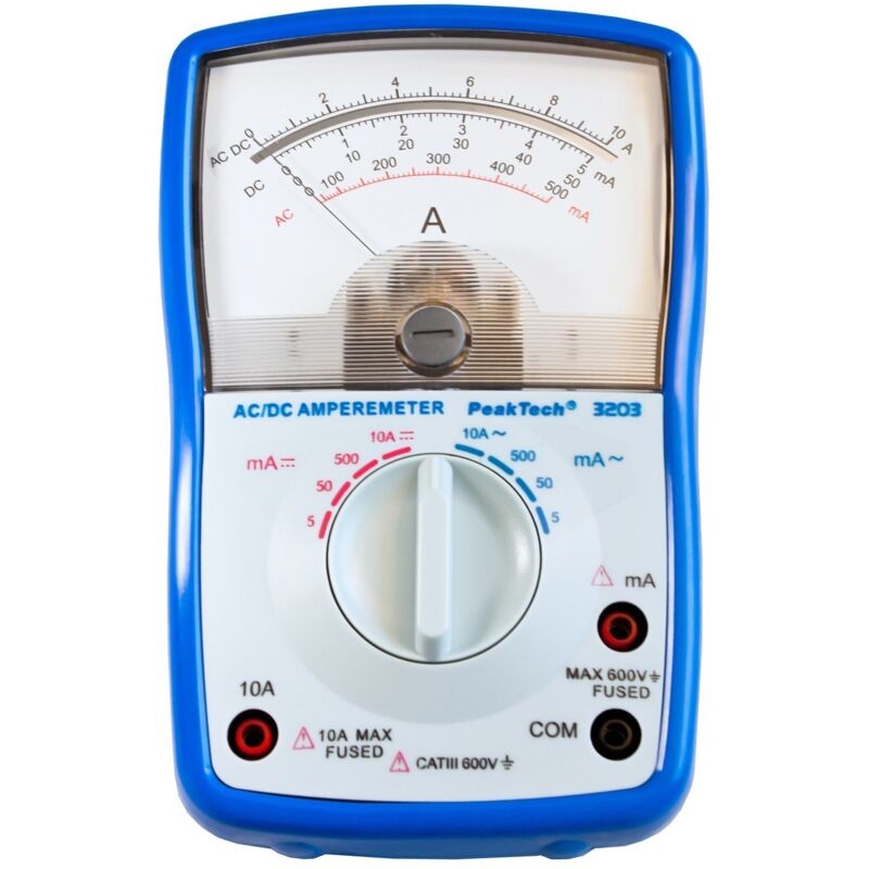 foto del prodotto peaktech peak tech p 3203 amperometro analogico cat iii 600 v, max. 10 a ac dc 5 ma 50 ma 500 ma 10 a ac dc strumento analogico per casa, auto,
