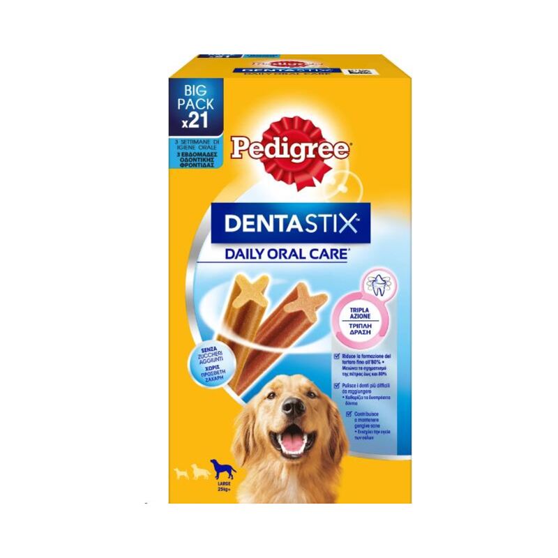 foto del prodotto pedigree dentastix per cani big pack 21 pz tripla azione per cani large dai 25 kg in su pulizia e gengive sane
