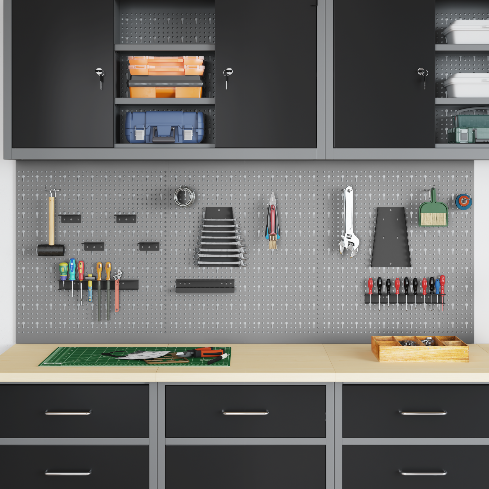 foto del prodotto pegboard 3 pezzi con 15 accessori, grigio, 50x60 cm, acciaio