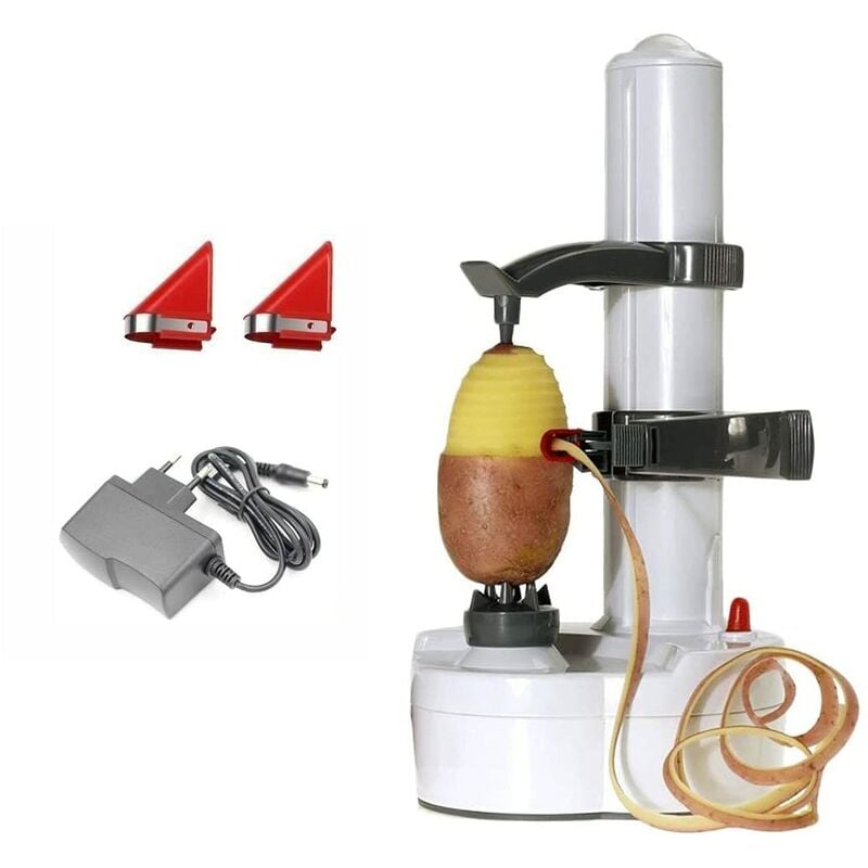 foto del prodotto pelapatate automatico design sicuro 2 lame aggiuntive base antiscivolo sbuccia patate e mele pela patate professionale sbucciatore elettrico, bianco,