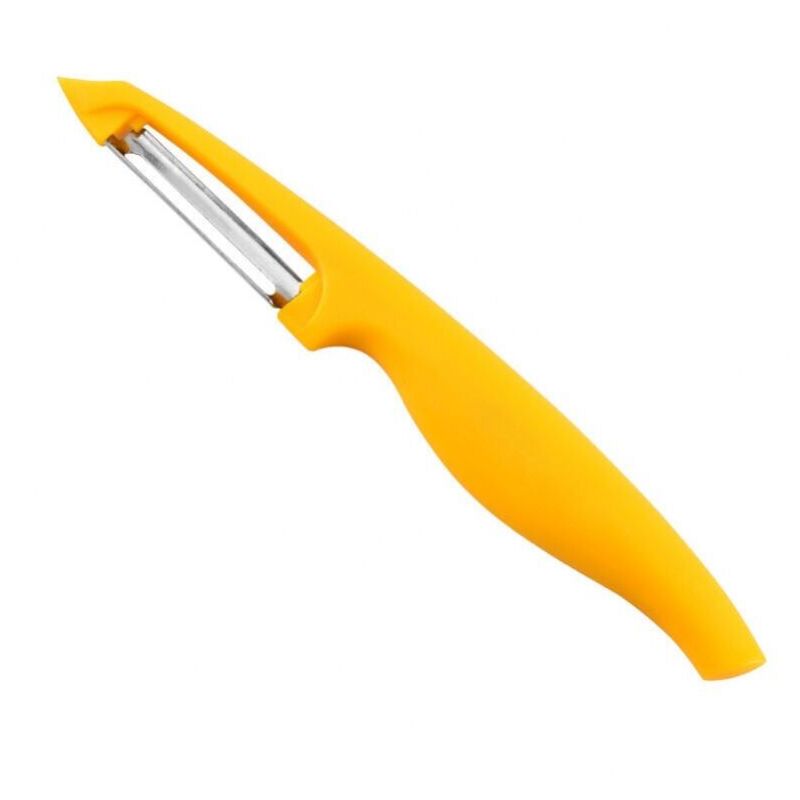 foto del prodotto pelapatate, pelapatate, pelamele con lame seghettate in acciaio inox e impugnatura ergonomica antiscivolo per verdure, carote, pomodori, arance.