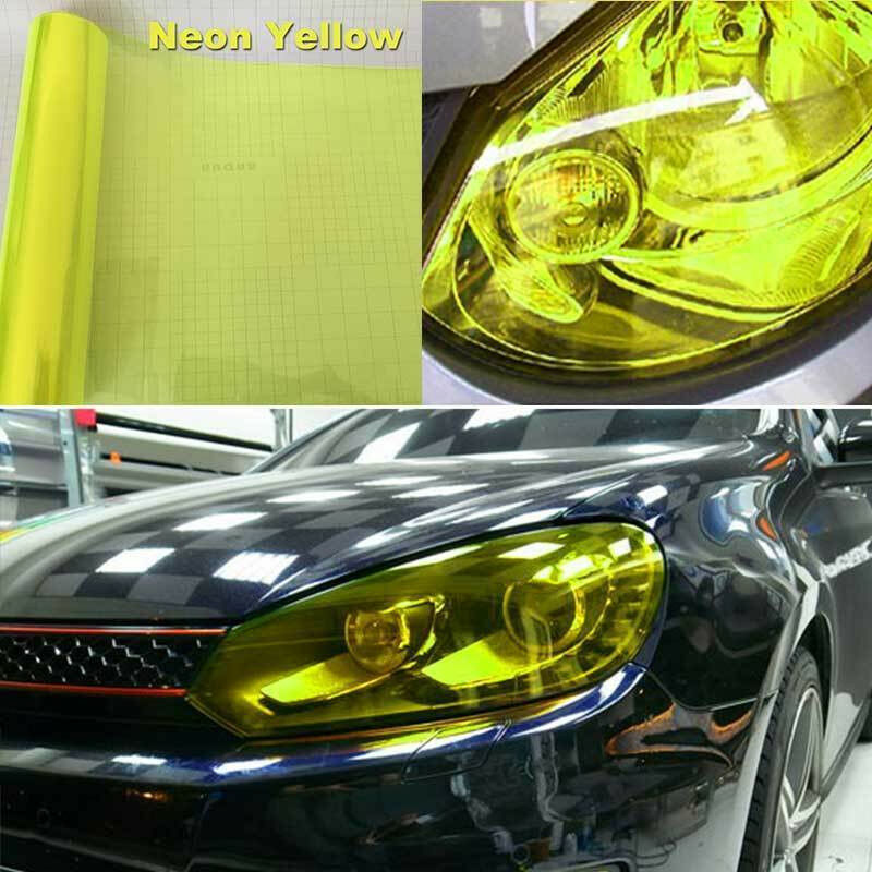 foto del prodotto pellicola adesiva colorata per fari auto anteriori e posteriori in 14 colori colore giallo fluo, lunghezza 30cm x 50cm