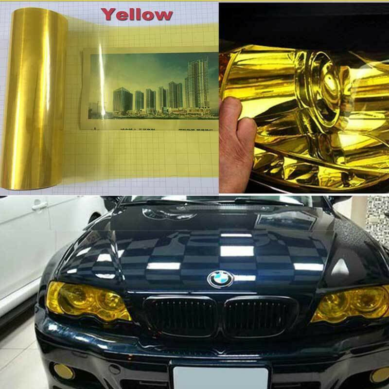 foto del prodotto pellicola adesiva colorata per fari auto anteriori e posteriori in 14 colori colore giallo, lunghezza 30cm x 50cm