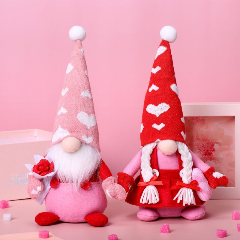 foto del prodotto peluche decorativo gnomi di san valentino 2 pezzi bambola scandinava per ornamenti da tavola, rosa, amore, coppia, carino, ornamenti per bambole