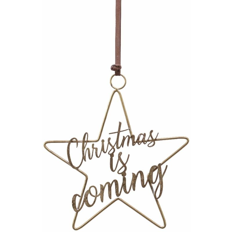 foto del prodotto pendenti grandi decorativi in ferro stella con scritta da 33 cm color oro christmas is coming