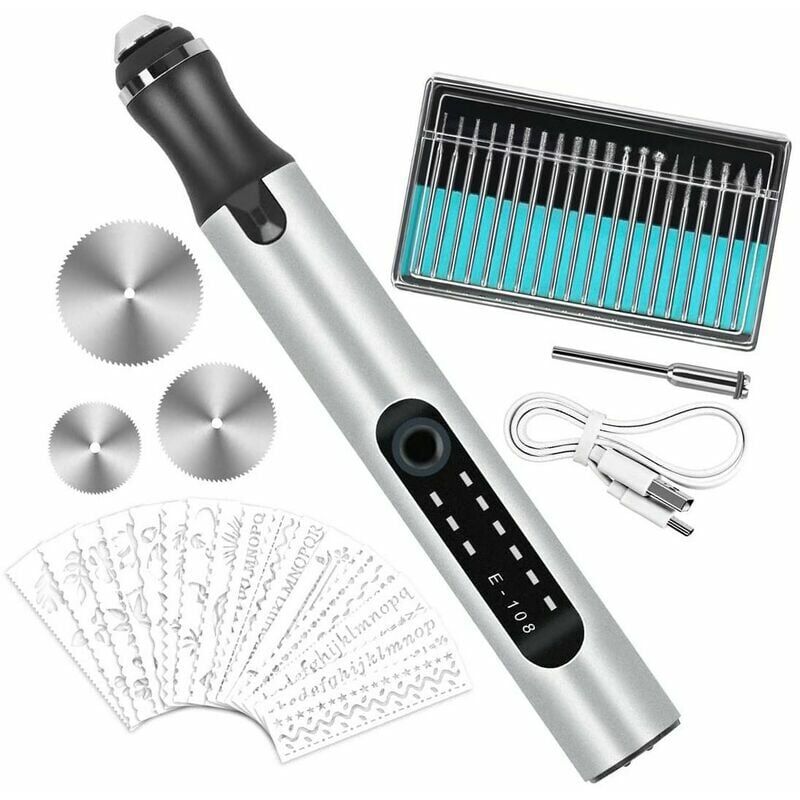 foto del prodotto penna per incisione elettrica multifunzionale, mini penna per incisione ricaricabile tramite usb, con 20 punte da trapano e 16 modelli per gioielli