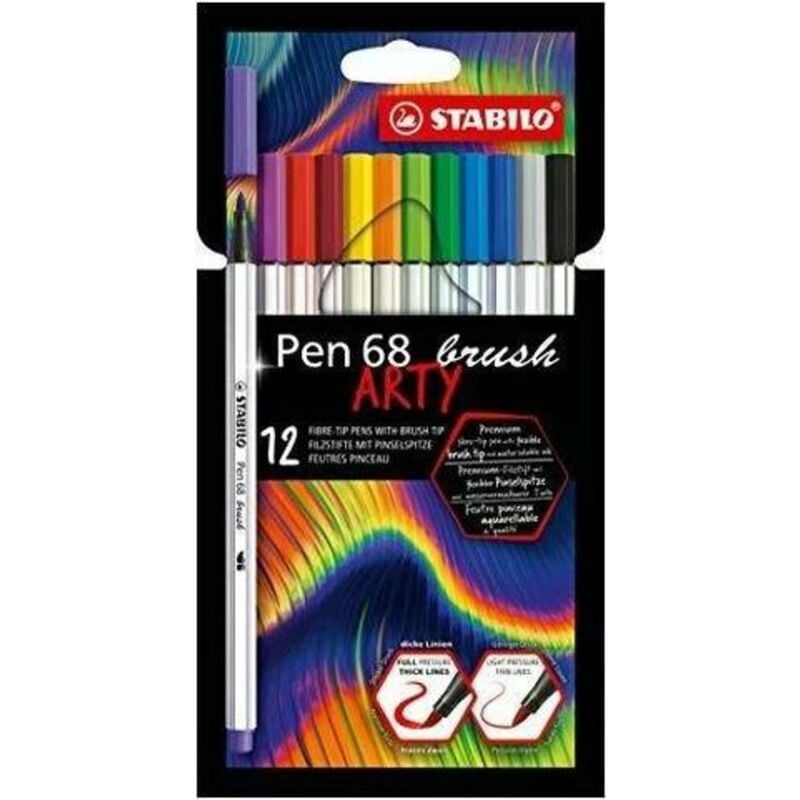 foto del prodotto pennarello premium con punta a pennello per linee spesse e sottili pen 68 brush arty astuccio da 12 colori assortiti