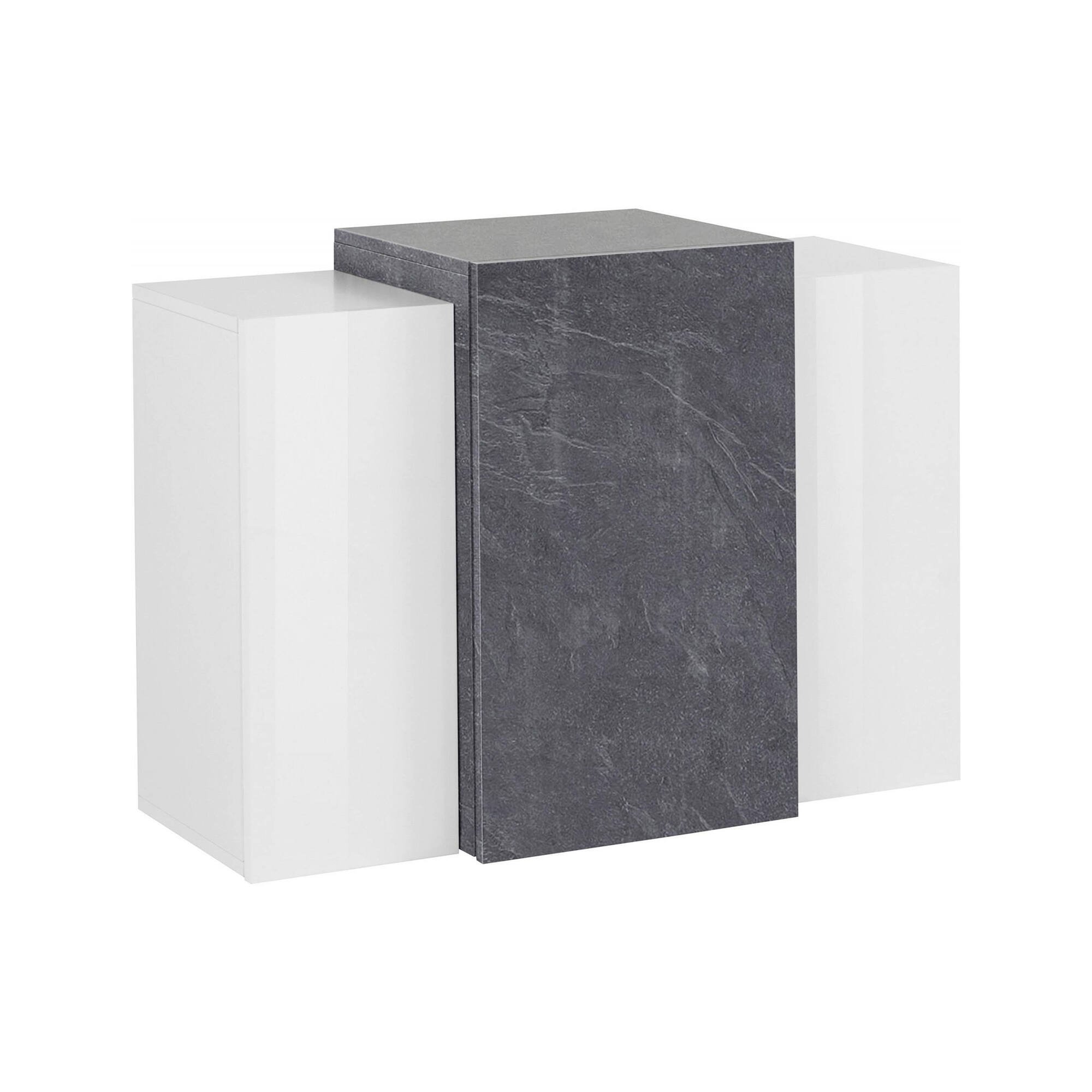 foto del prodotto pensile da andras, made in italy, mobile da soggiorno sospeso a 3 ante, cm 90x38h66, bianco lucido e grigio cenere