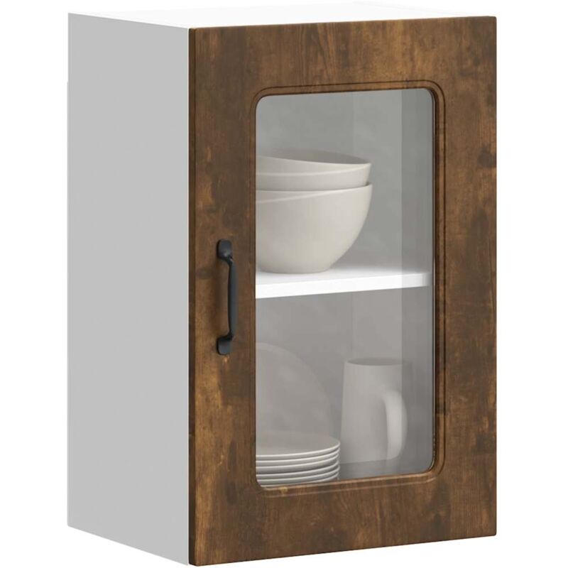 foto del prodotto pensile da cucina con porta in vetro kalmar rovere fumo vidaxl