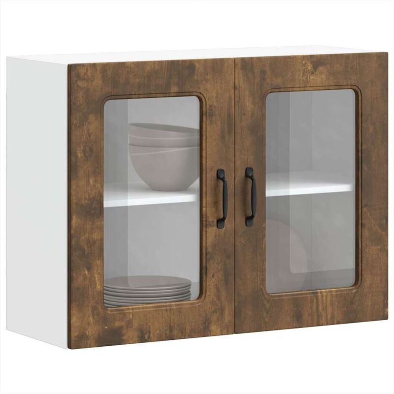 foto del prodotto pensile da cucina con porta in vetro kalmar rovere fumo vidaxl