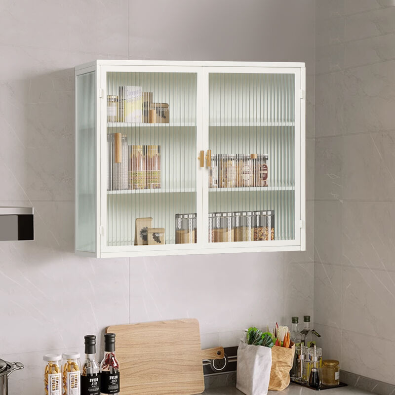 foto del prodotto pensile moderno a due ante con ante in vetro da 70 cm e spazio di archiviazione su tre livelli per ingresso, soggiorno, bagno, sala da pranzo bianco 