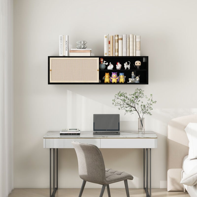 foto del prodotto pensile nero rettangolare, ante scorrevoli sinistra e destra, vimini rattan, lunghezza 110 cm, adatto per camera da letto, studio, soggiorno e altre