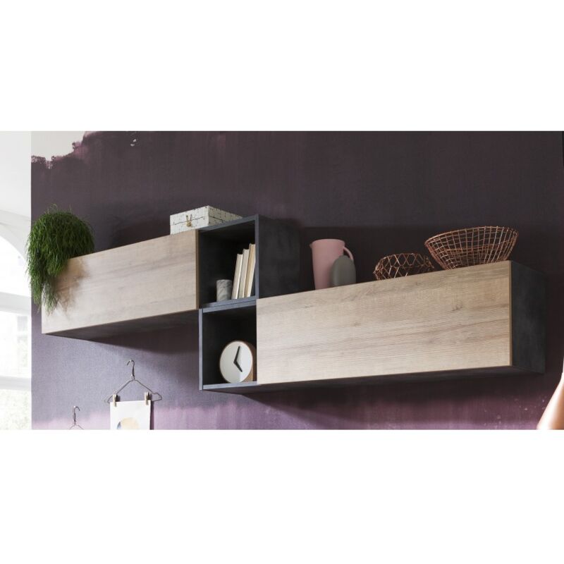 foto del prodotto pensile reversibile con un anta push pull e vano a giorno rovere chiaro e grigio antracite monza