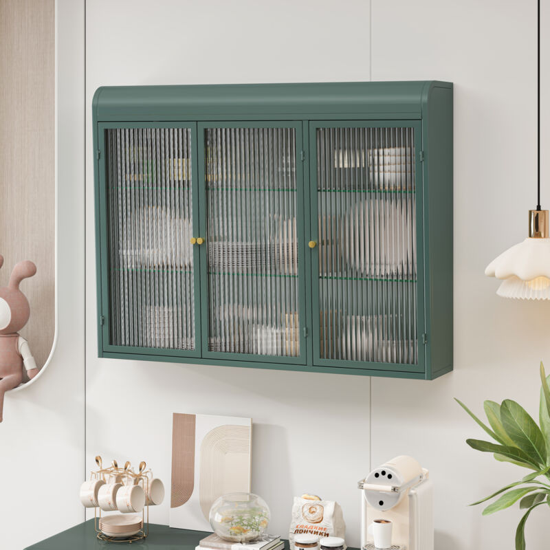 foto del prodotto pensili ad arco in vetro a 3 ante per cucina, soggiorno e bagno verde scuro 