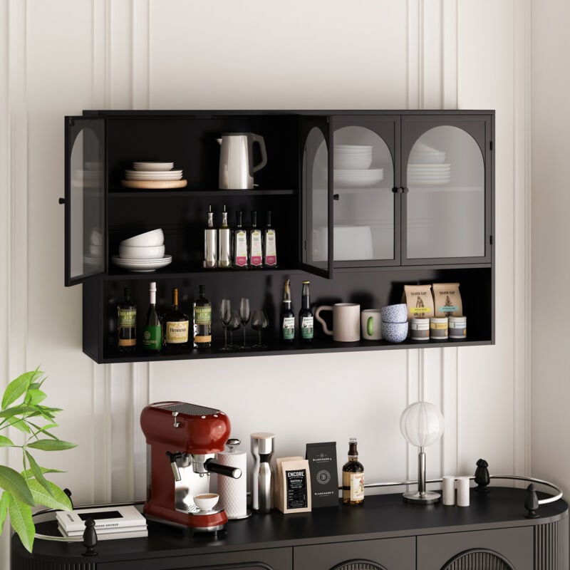 foto del prodotto pensili cucina 120cm, mobiletto portaoggetti in vetro 4 ante ad arco, adatto per cucina, soggiorno e bagno, nero