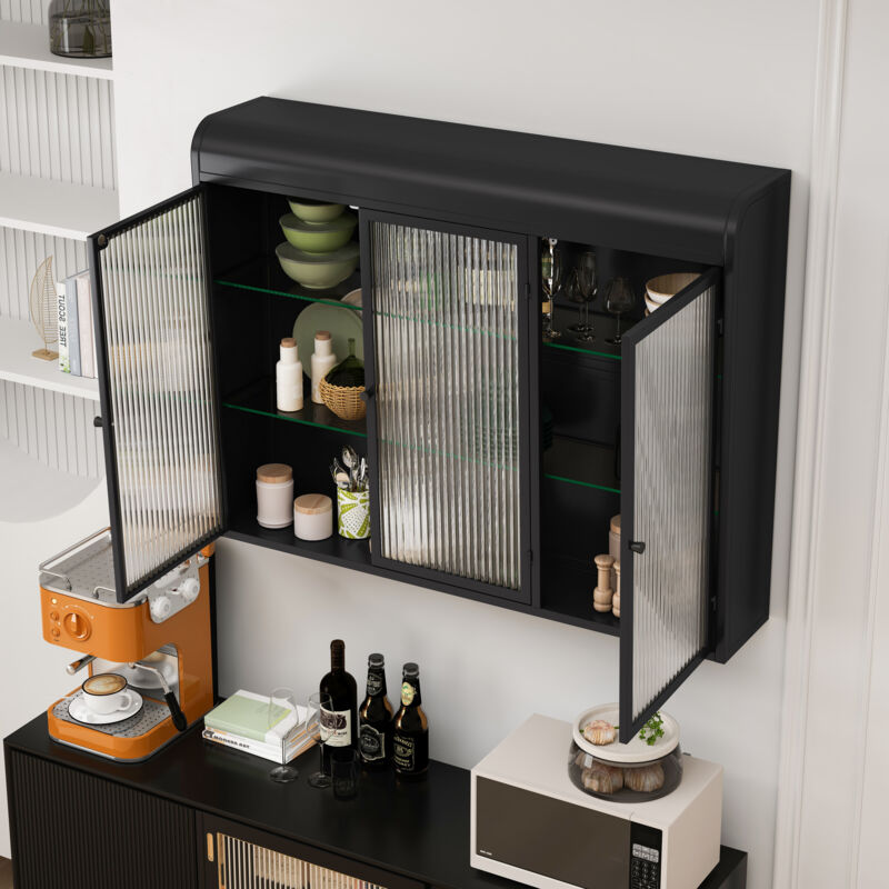 foto del prodotto pensili cucina, vetrina 3 ante ad arco, adatta per cucina, soggiorno e bagno, nero