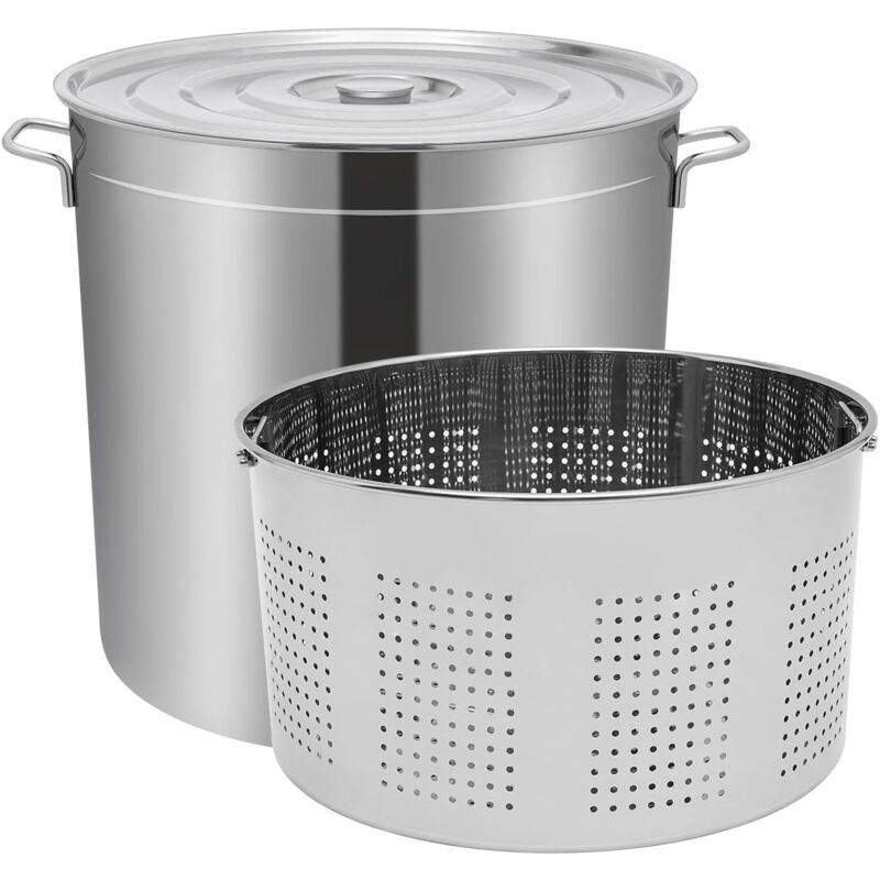 foto del prodotto pentola da 100 l, con coperchio e cesto, in acciaio inox, con cestello, pentola per cottura a vapore, cottura, frittura