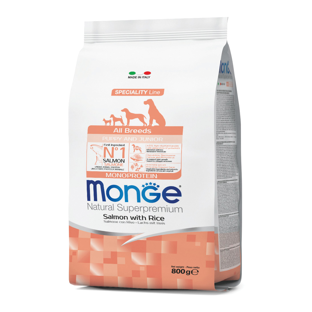 foto del prodotto per cane puppy e junior all breeds con salmone e riso da monge