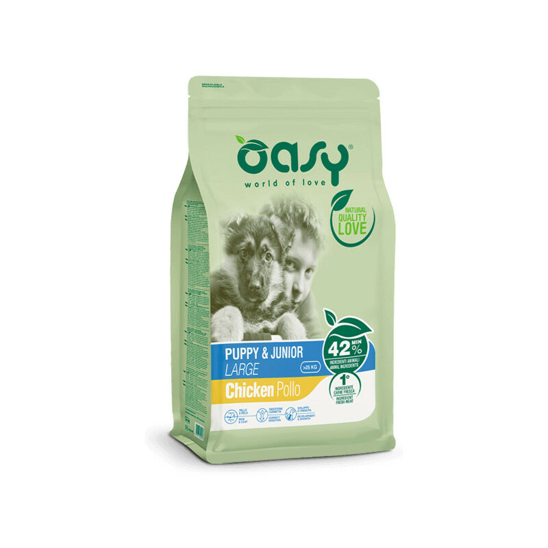 foto del prodotto per cane puppy e junior large con pollo da 3 kg oasy