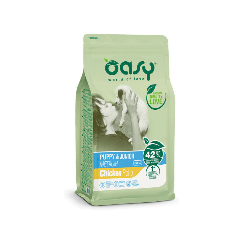 foto del prodotto per cane puppy e junior medium con pollo da 3 kg oasy