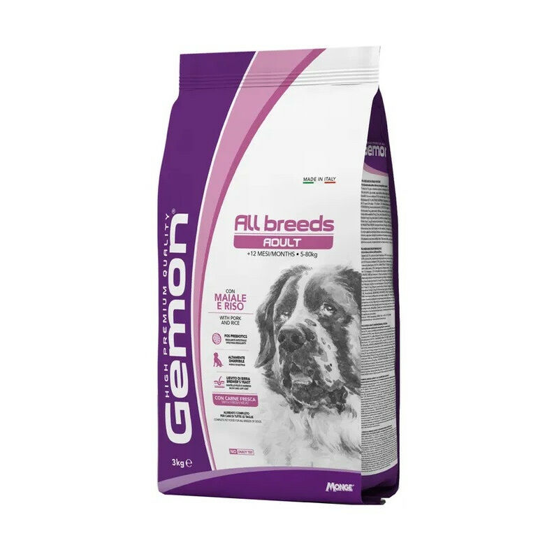 foto del prodotto per cani adult all breeds con maiale e riso da 3 kg gemon