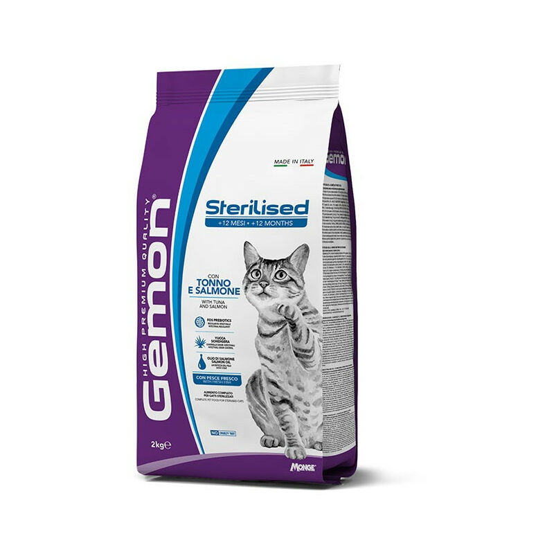 foto del prodotto per gatti sterilizzati con tonno e salmone da 2 kg gemon