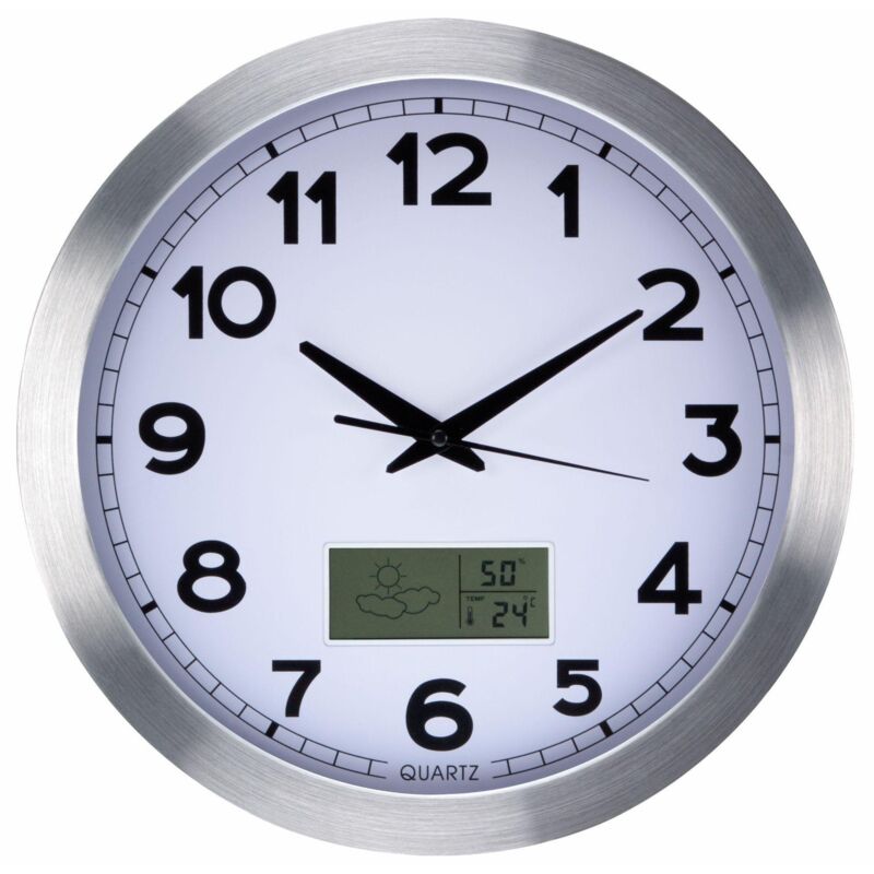 foto del prodotto perel orologio da parete lcd in alluminio con termometro, igrometro e previsione 35 cm