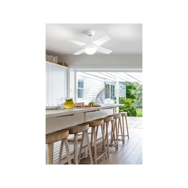 foto del prodotto perenz ventilatore in metallo verniciato bianco 4 pale legno verniciato bianco diffusore in vetro. telecomando a onde radio incluso.