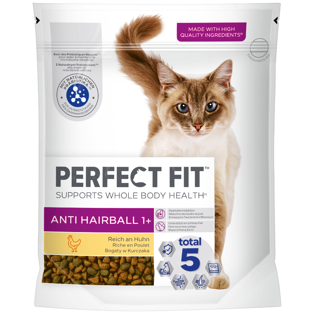 foto del prodotto perfect fit anti hairball 1 ricco di pollo crocchette per gatto 750 g