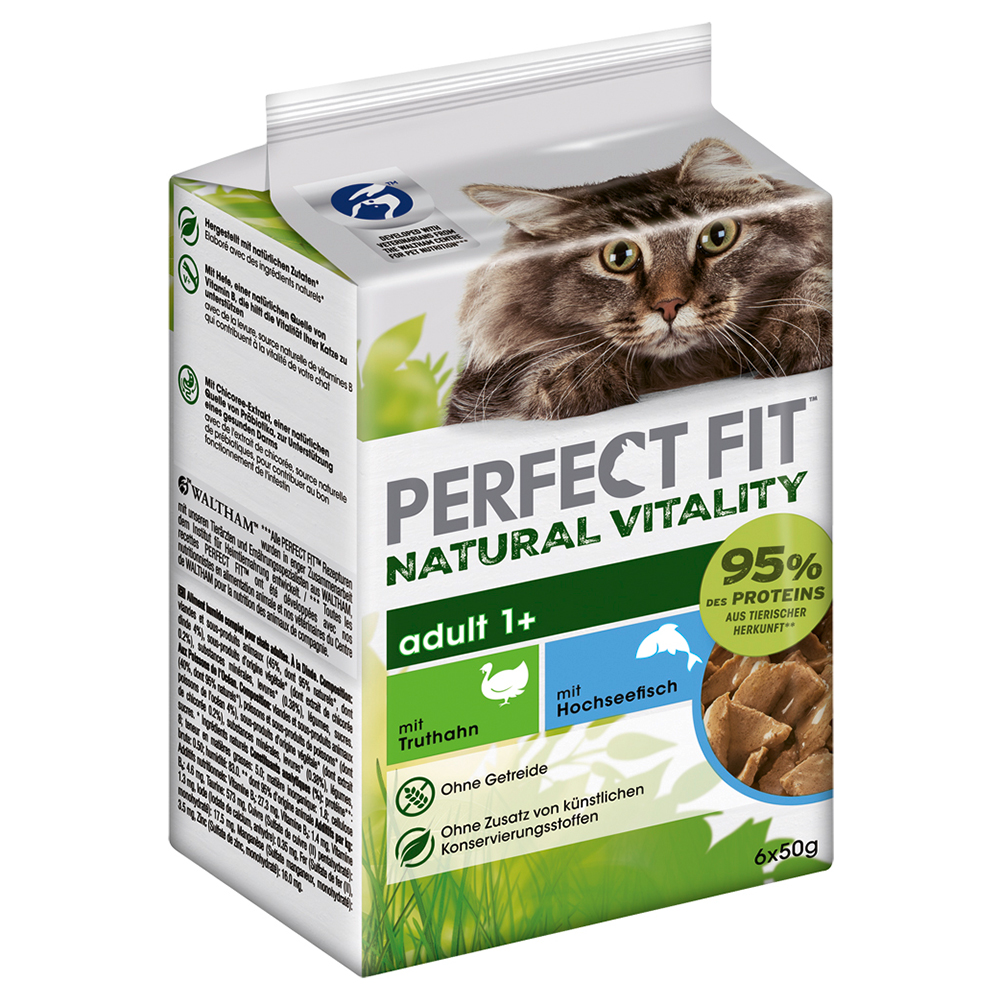 foto del prodotto perfect fit natural vitality adult 1 con pesce alimento umido per gatti 6 x 50 g pesce d alto mare e tacchino