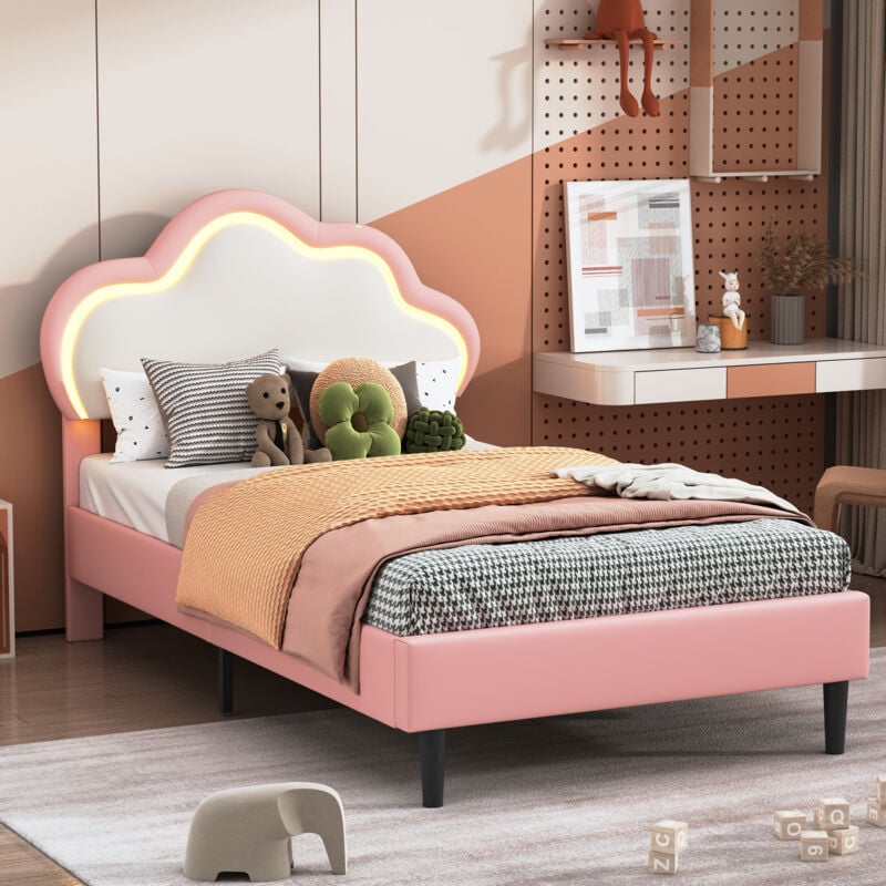 foto del prodotto pergar letto bambini 90x200,letto singolo 90x200,letto da principessa,con testiera a forma di nuvola, luce led, pu, rosa