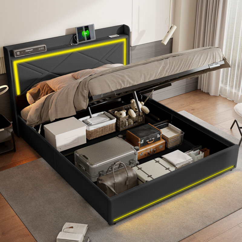 foto del prodotto pergar letto contenitore 140x200,letto matrimoniale 140x200,letto matrimoniale contenitore,strutture letto sommier,con led e usb, rete a doghe,