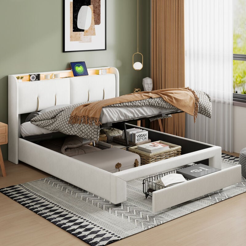 foto del prodotto pergar letto matrimoniale 160x200,letti con cassetti 160x200,letto adulti,letti contenitori,con testiera contenitore, striscia luminosa, porta di