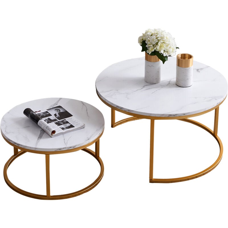 foto del prodotto pergar set di 2 tavolini bassi impilabili, impiallacciato in marmo, rotondi, oro, 80x80x45 cm, 60x60x33 cm