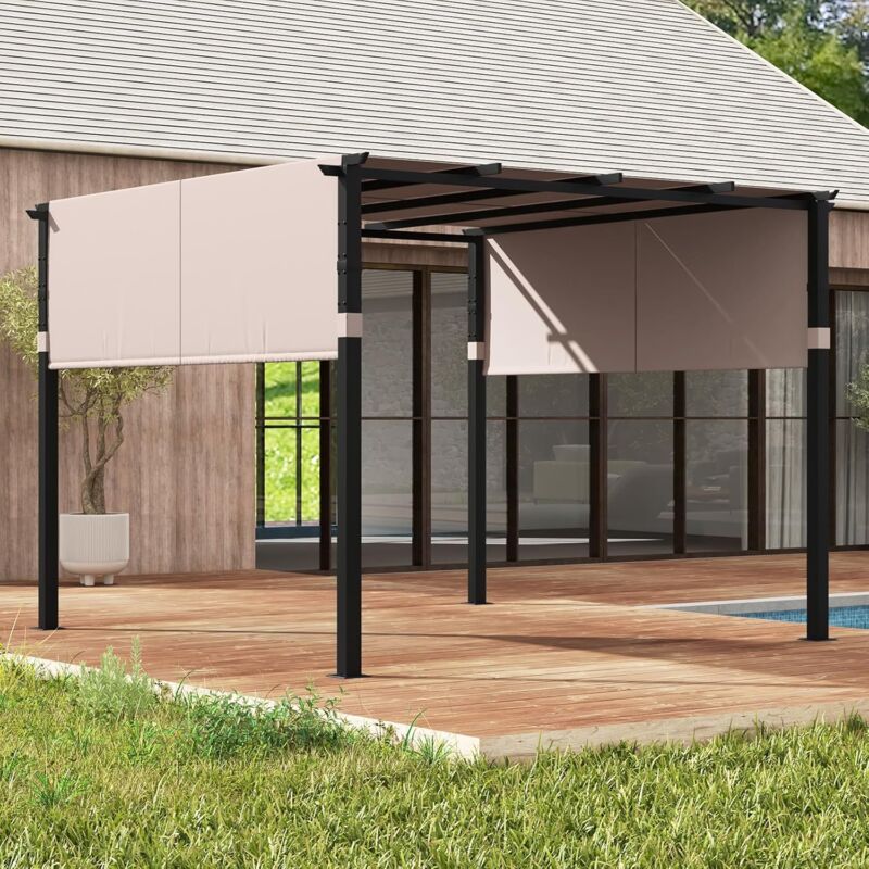 foto del prodotto pergola a tetto piatto, pergola da esterno 305 x 305 cm con tettuccio retrattile e struttura in metallo robusta, gazebo per barbecue da giardino,
