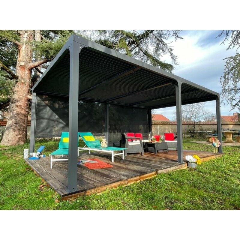 foto del prodotto pergola bioclimatica 360x600cm in alluminio xxl, con 2 tende colore grigio antracite su lato 6,0m, a movimento manuale
