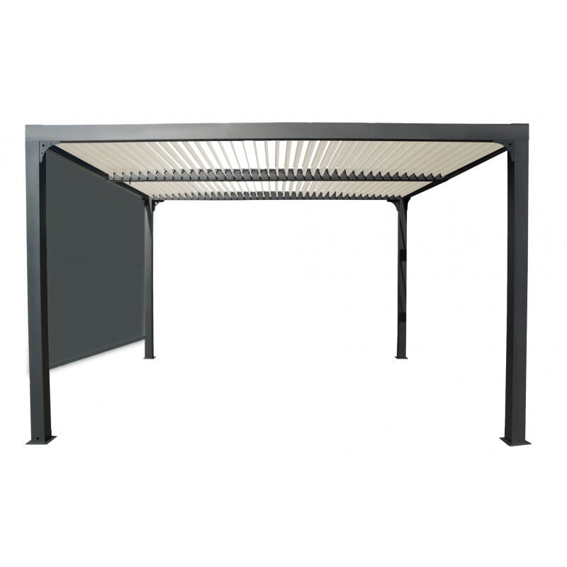 foto del prodotto pergola bioclimatica in alluminio 360x300 con copertura beige e tenda per lato 3m