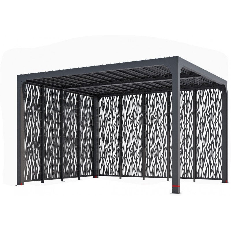 foto del prodotto pergola bioclimatica in alluminio 360x300 con lamelle e pannelli su due lati grigio antracite