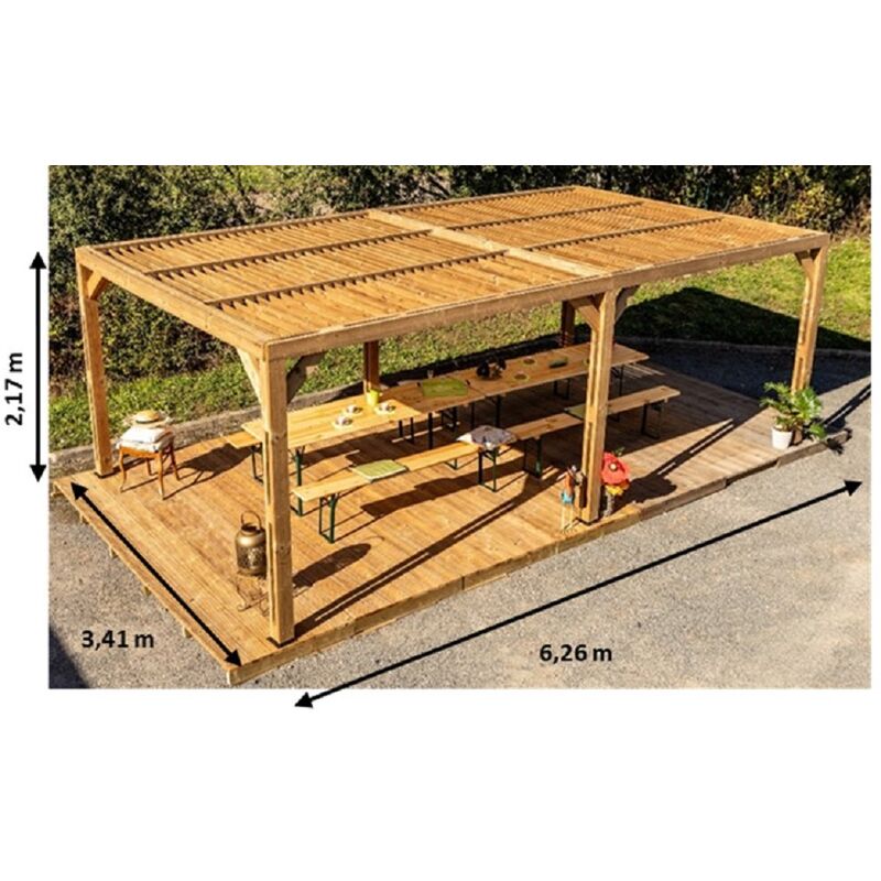 foto del prodotto pergola in legno trattato alta temperatura con veneziane mobili sul tetto 341x618xh217