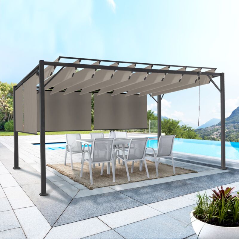 foto del prodotto pergola luxury edition 3x4 m a lamelle orientabili e 4 tende da sole color tortora