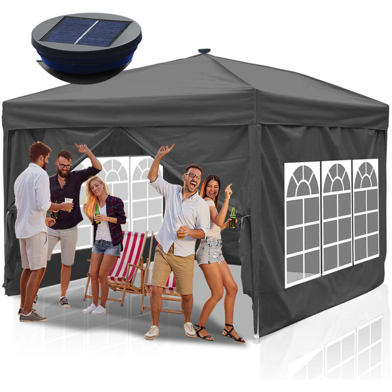 foto del prodotto pergolato da giardino. tenda pieghevole. protezione solare uv 50 . pop up con illuminazione solare a led grigia swanew