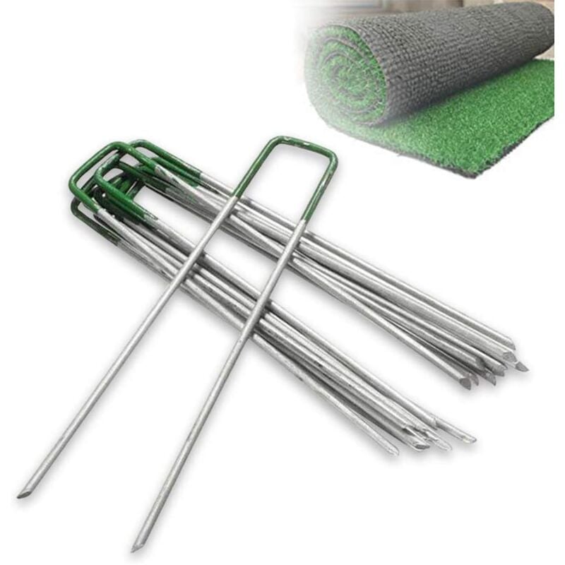 foto del prodotto perni a u per erba sintetica, picchetti in metallo zincato, graffette, erba artificiale semiverde sollbry