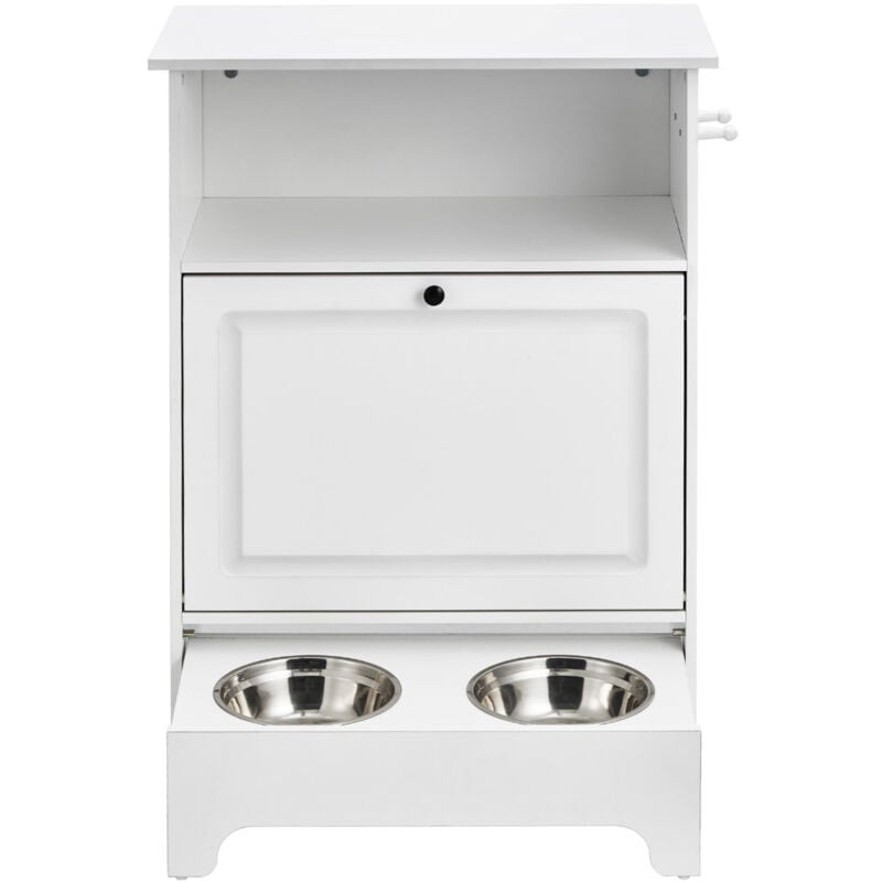 foto del prodotto pet feeding station con 2 ciotole rialzate in acciaio inox, mobiletto portaoggetti inclinabile, organizer per cibo e giocattoli per cani, ideale per