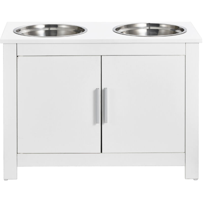 foto del prodotto pet feeding station con 2 ciotole rialzate in acciaio inox, mobiletto portaoggetti per cibo per cani e contenitore per giocattoli, moderno organizer