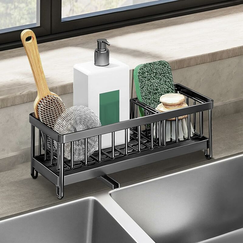 foto del prodotto petites ecrevisses porta spugne cucina lavello con vassoio di scarico organizzatore per lavello in acciaio inox nero