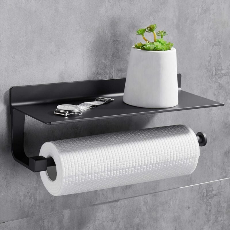foto del prodotto petites ecrevisses portarotolo da cucina senza foratura con ripiano porta carta igienica montaggio a parete nero