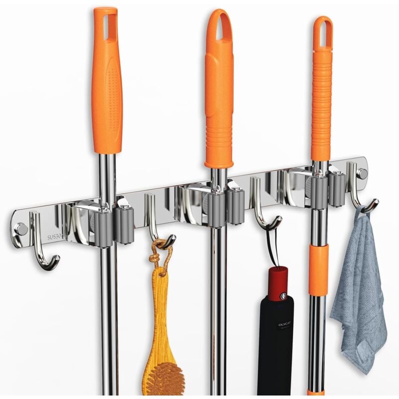 foto del prodotto petites ecrevisses portascopa e portaspazzole autoadesivo 3 supporti e 4 ganci porta scopa per cucina bagno garage giardino